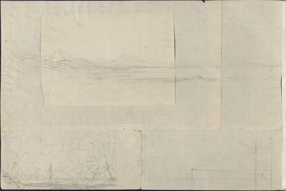 Eine Küstenlandschaft mit Gebirge und einer Burg oder einer Stadt & Eine Waldlandschaft mit einem Säulenmonument an einem Bach oder einem Weg & Eine geometrische Konstruktion