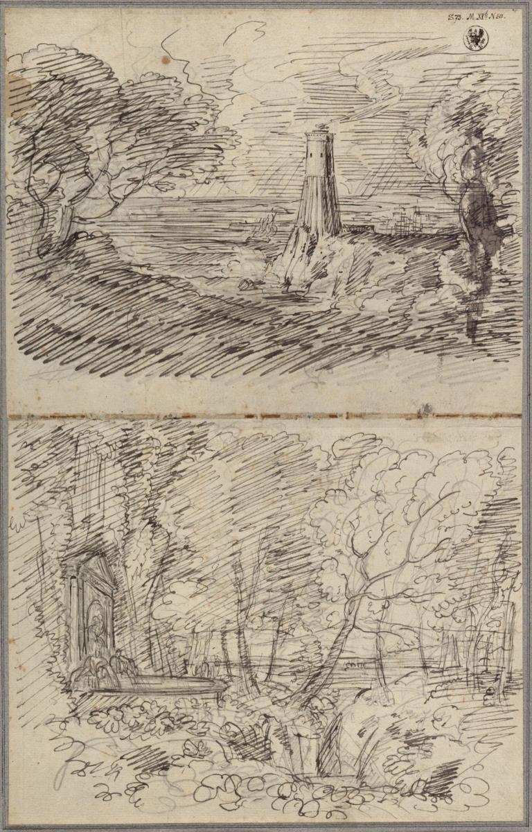Eine Küstenlandschaft mit einem Leuchtturm & Eine Waldlandschaft mit einer architektonisch gefassten Quelle und einem Wasserfall