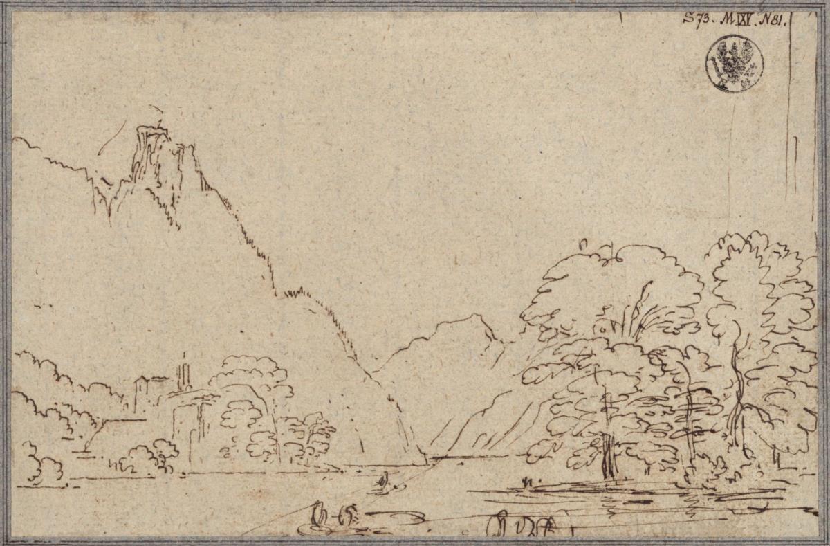 Gebirgslandschaft mit See, wohl der Traunsee mit dem Kleinen Sonnstein