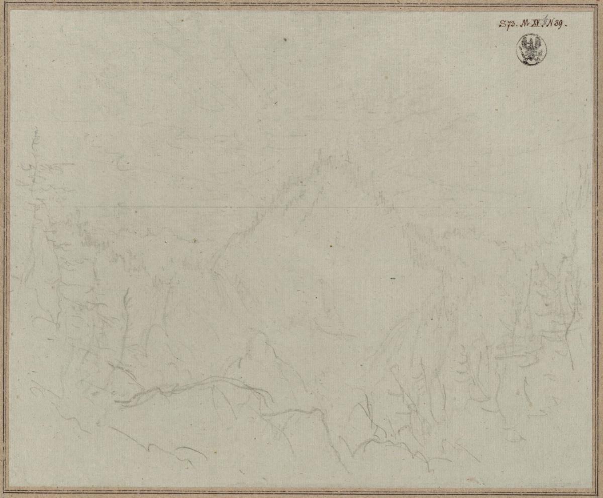 Landschaft mit Berg und Wasserfall / Studie zu dem Gemälde "Der Abend"