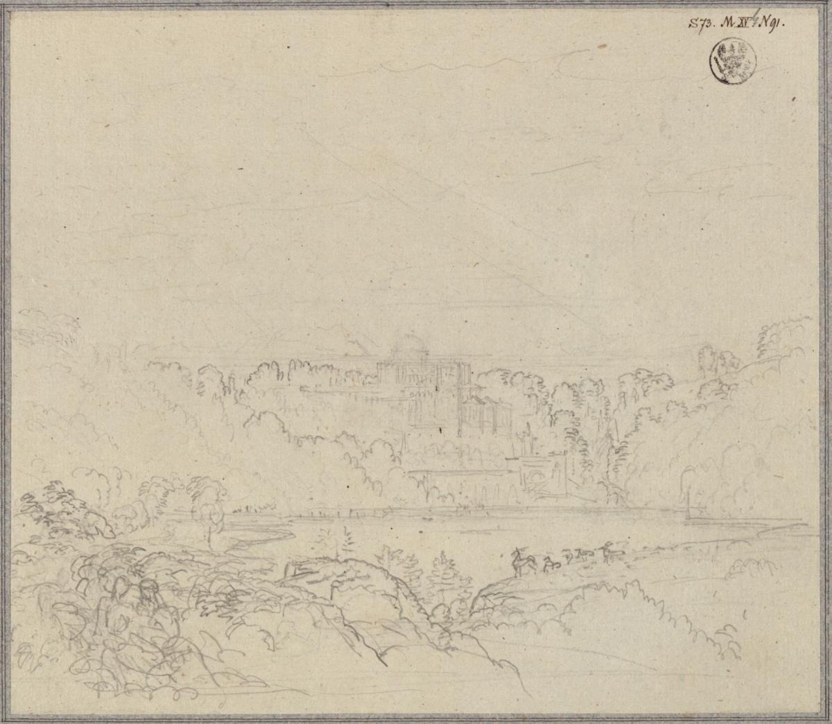 Landschaft mit einem Palast zwischen einem See und dem Meer
