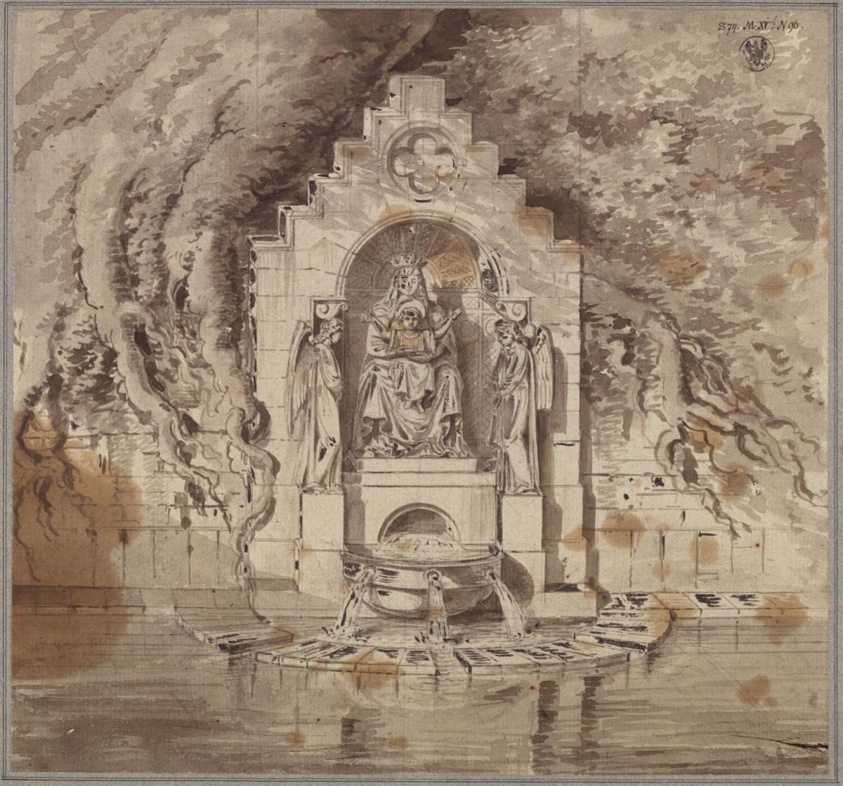 Architektonische Fassung einer Quelle mit einer Madonnen- und zwei Engelsstatuen