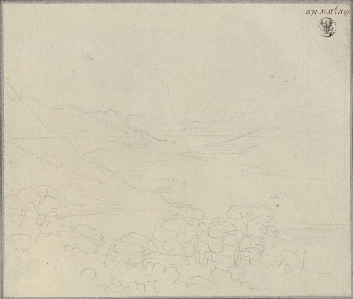 Gebirgslandschaft mit breitem Fluß und aufgehender Sonne