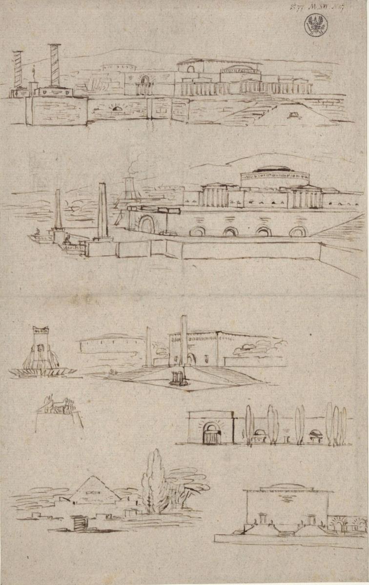 Berlin, Leipziger Platz. Entwürfe zum Denkmal für Friedrich II., den Großen (?) & Entwurf zu einem Brunnen & Studie zu einer Quadriga