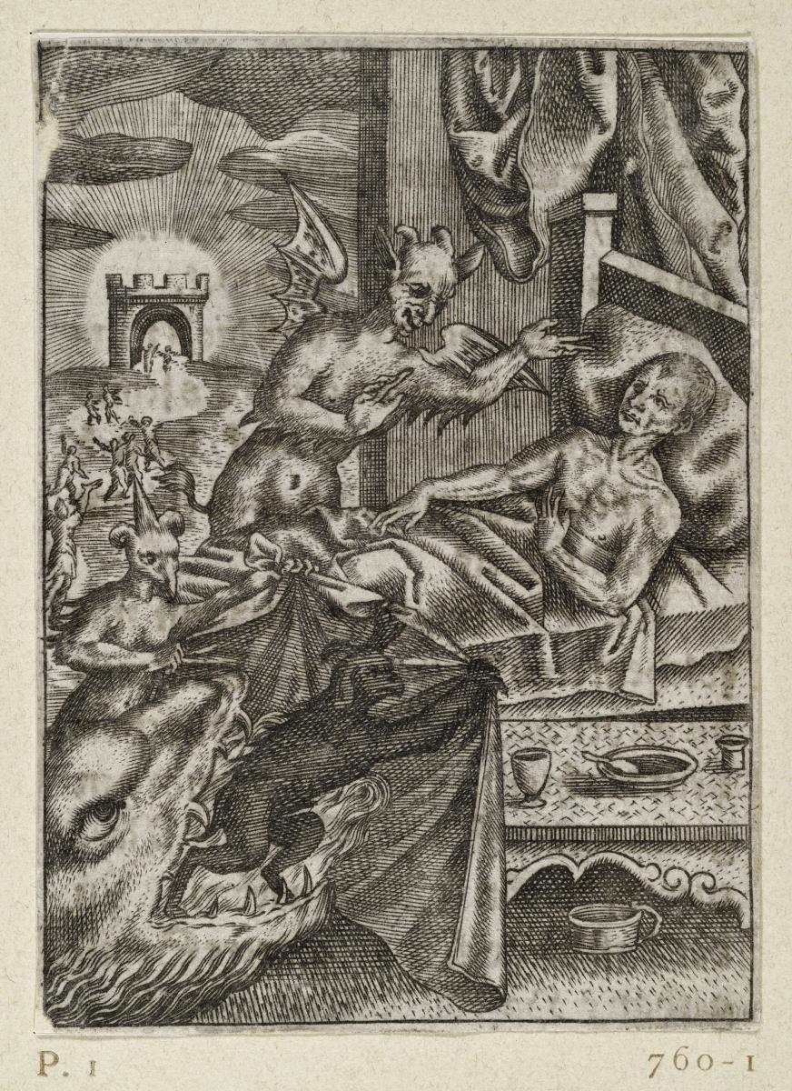 Ars Moriendi, Blatt 1 - Erste Versuchung des Dämons gegen die Zuversicht auf ein langes Leben