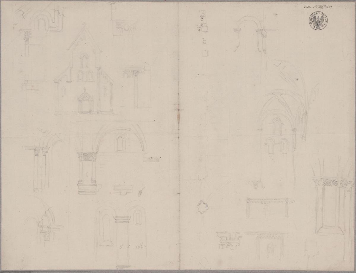 Stiftskirche zu Heiligenkreuz im Wienerwald. Fassadenaufriss, Schnitte und verschiedene Studien