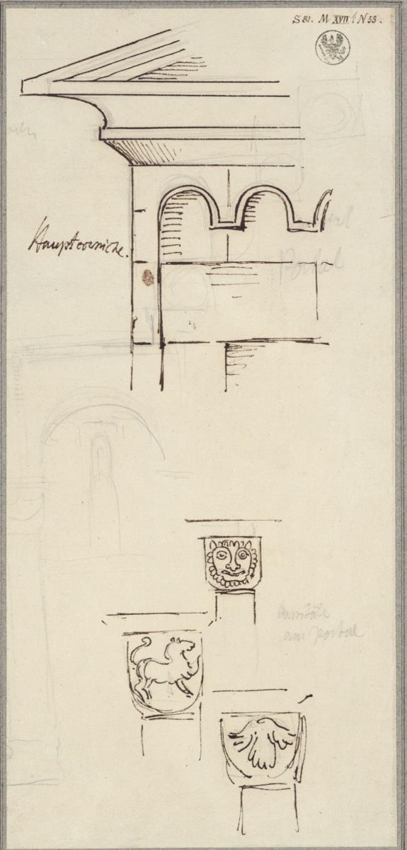 Klosterruine Paulinzella. Hauptgesims und Kapitelle des westlichen Portals