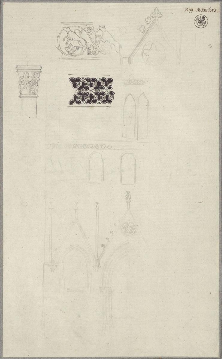 Kloster Chorin. Details von dem Gitterfenster am Nordgiebel und dem Tierfries am Südgiebel des sogenannten Brauhauses, von dem neuen Pfortenhaus und einer Konsole im Portalgewände desselben