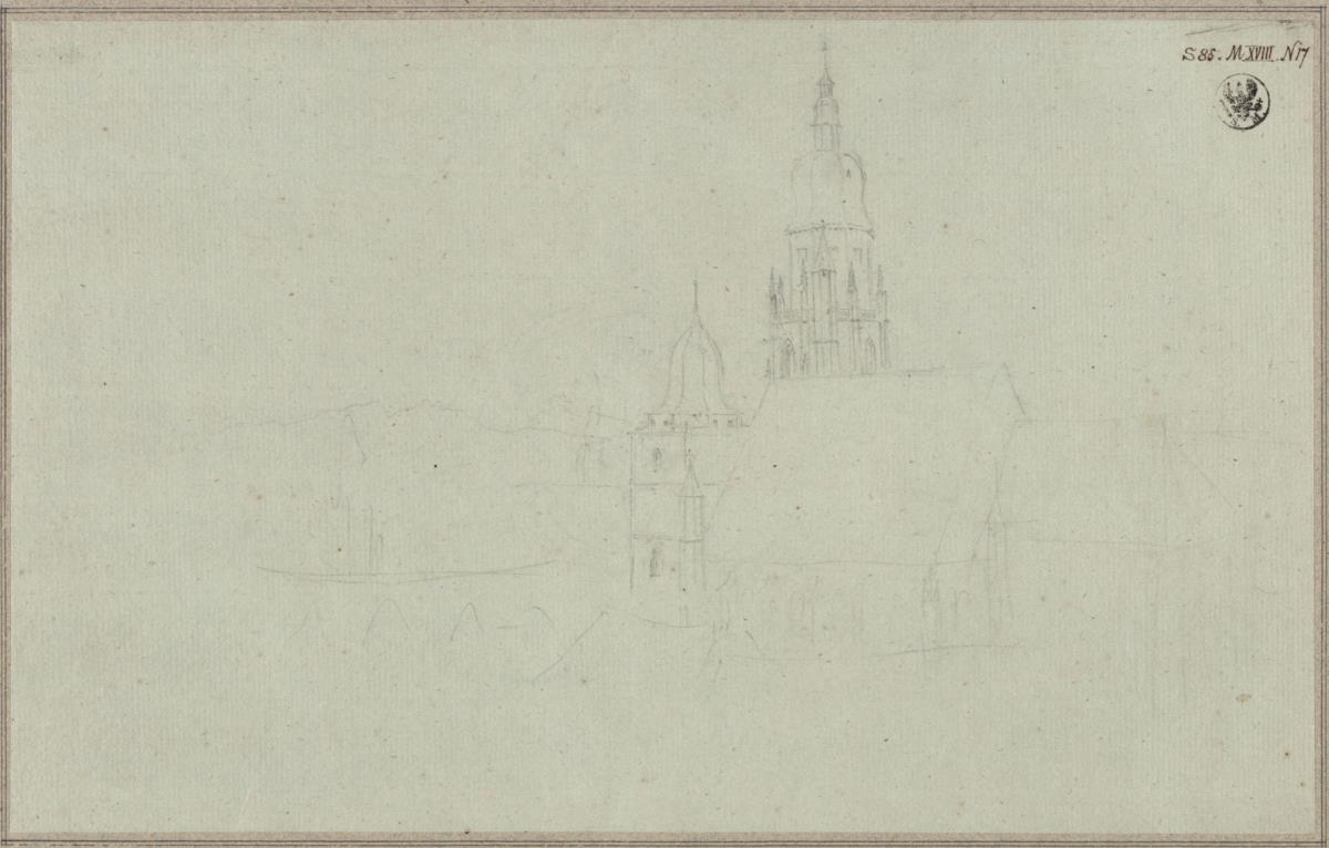 Ansicht einer gotischen Stadtkirche mit unvollendeten Türmen