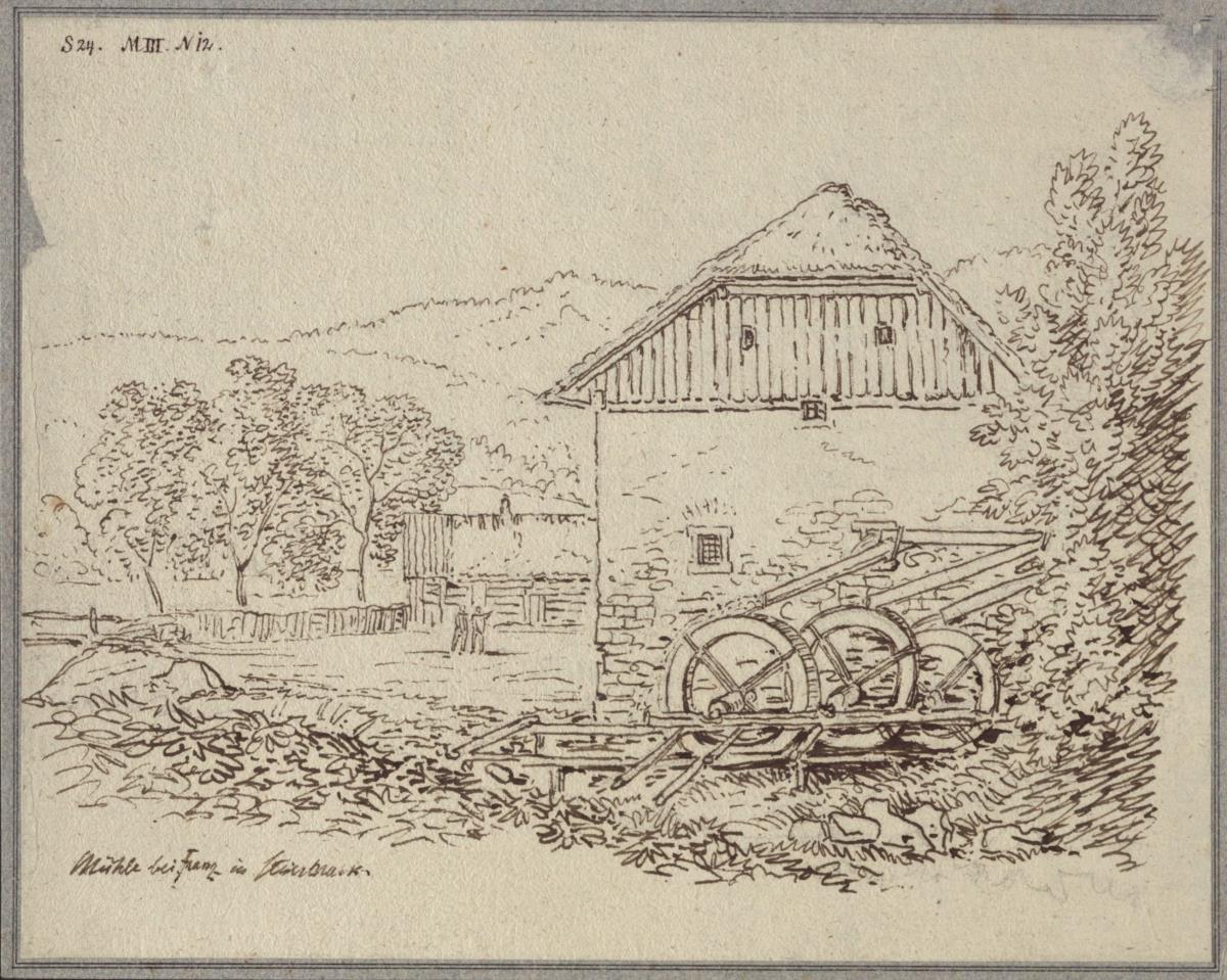 "Mühle bei Franz in Steiermark" / Ansicht der Mühle des Pfarrhofes Franz westlich von Cilli (Celje)