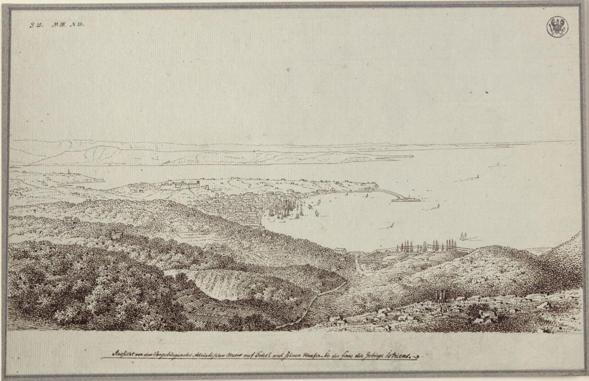 "Aussicht von den Vorgebirgen des Adriatischen Meeres auf Triest und seinen Hafen"