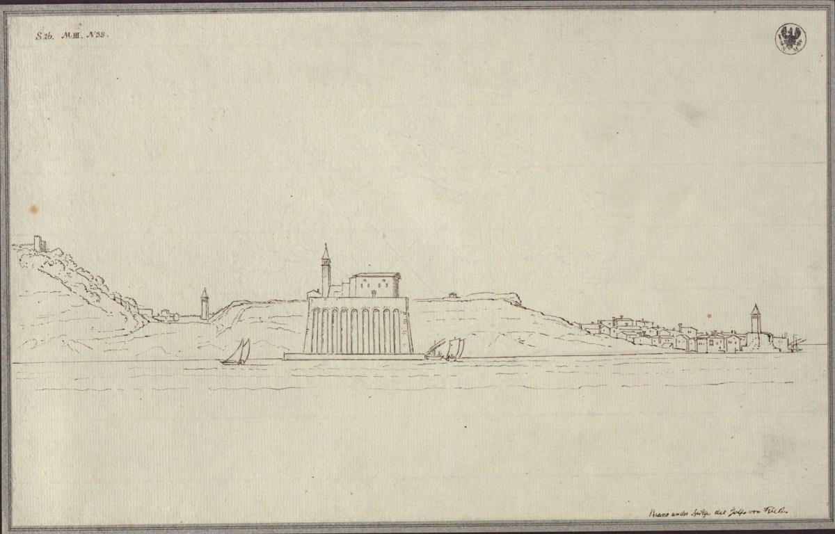 "Pirano an der Spitze des Golfes von Triest" / Der Dom von Piran in Istrien vom Meer gesehen