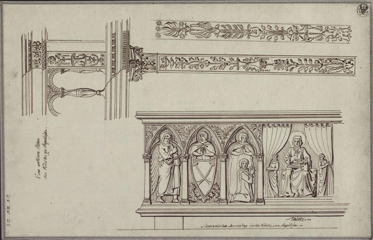 Details der Ausstattung des Doms von Aquileia. Tumba des Patriarchen Ludovico della Torre (gest. 1365), Pilaster und Gebälk der Tribuna magna (um 1500), ein nicht lokalisierter Ornamentstreifen