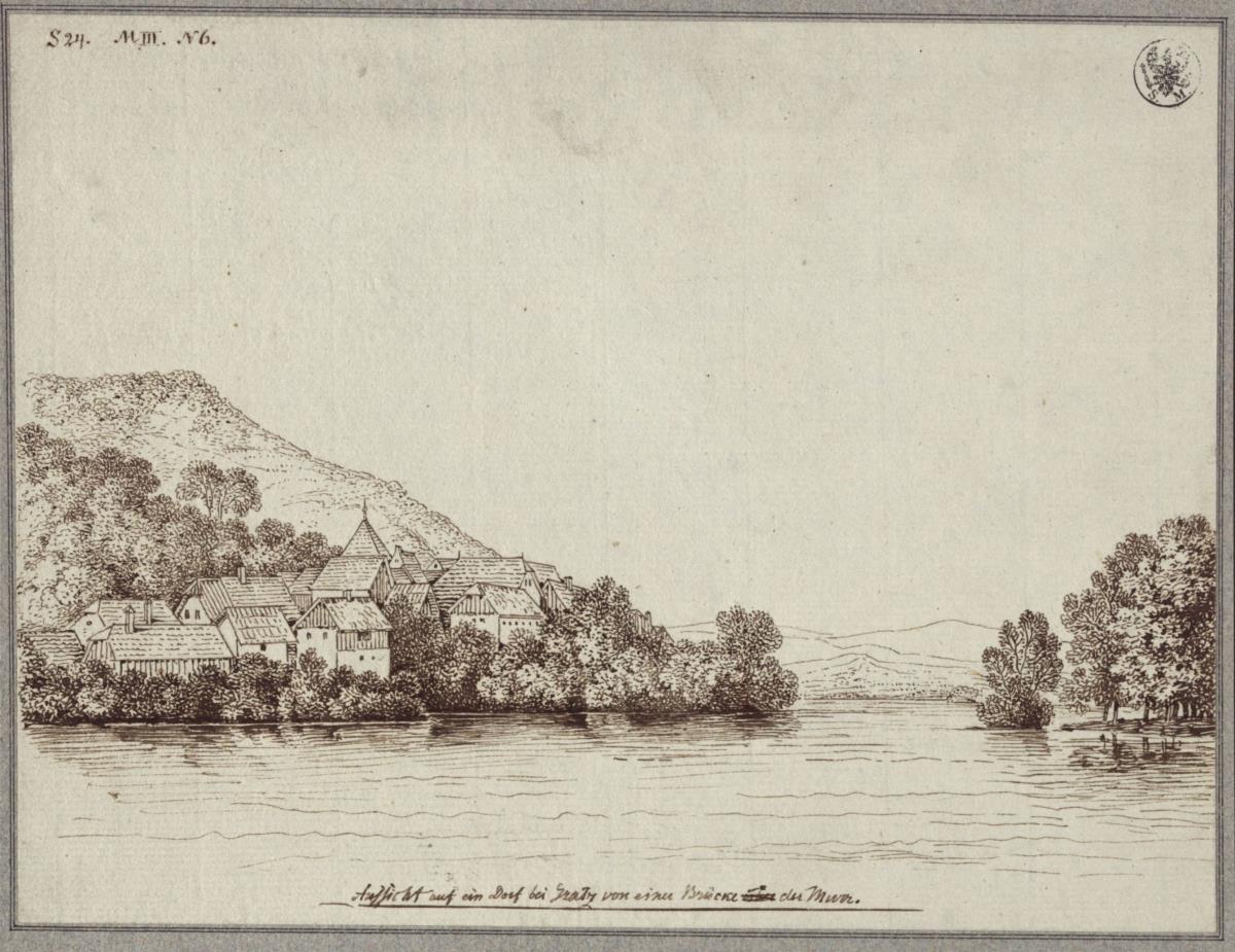 Ansicht eines Dorfes bei Graz von einer Brücke der Mur