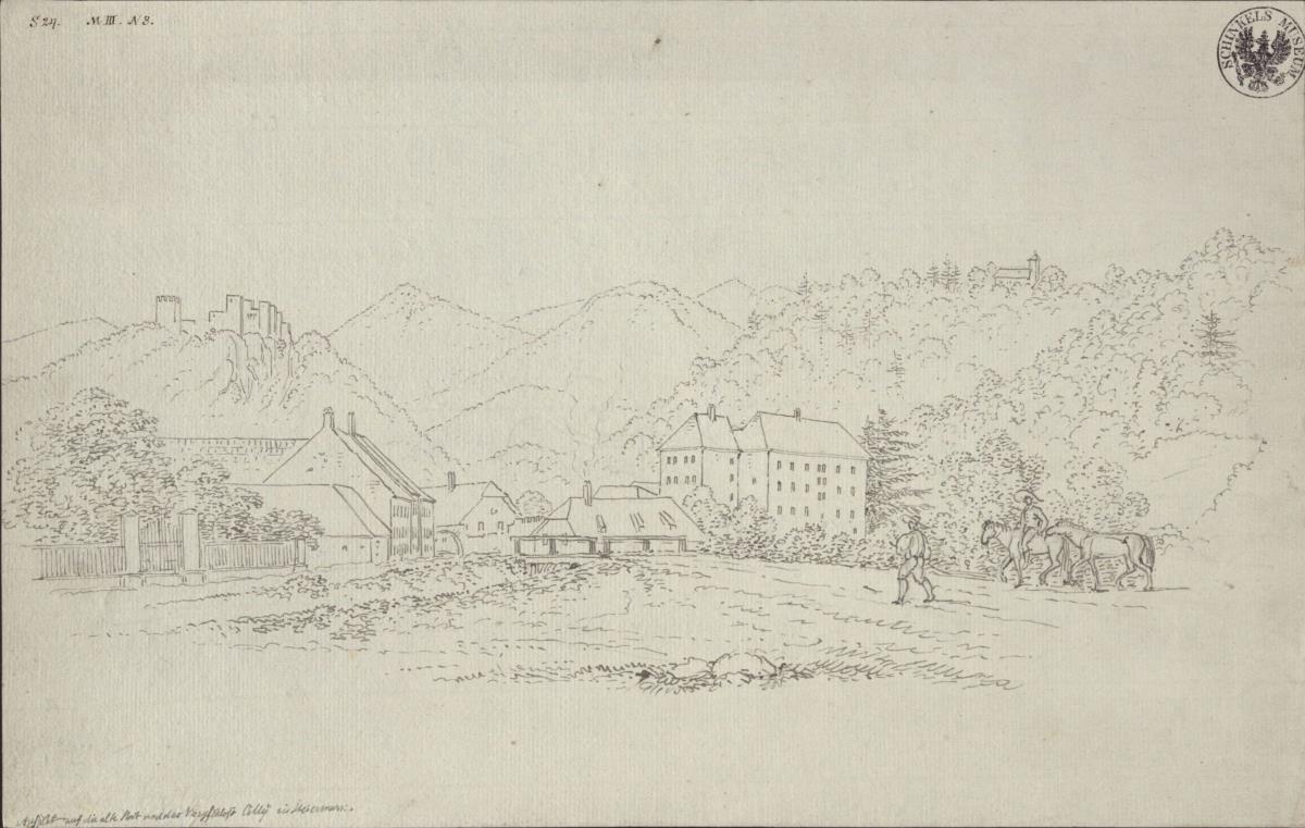 Ansicht von Cilli (Celje) mit der Burgruine