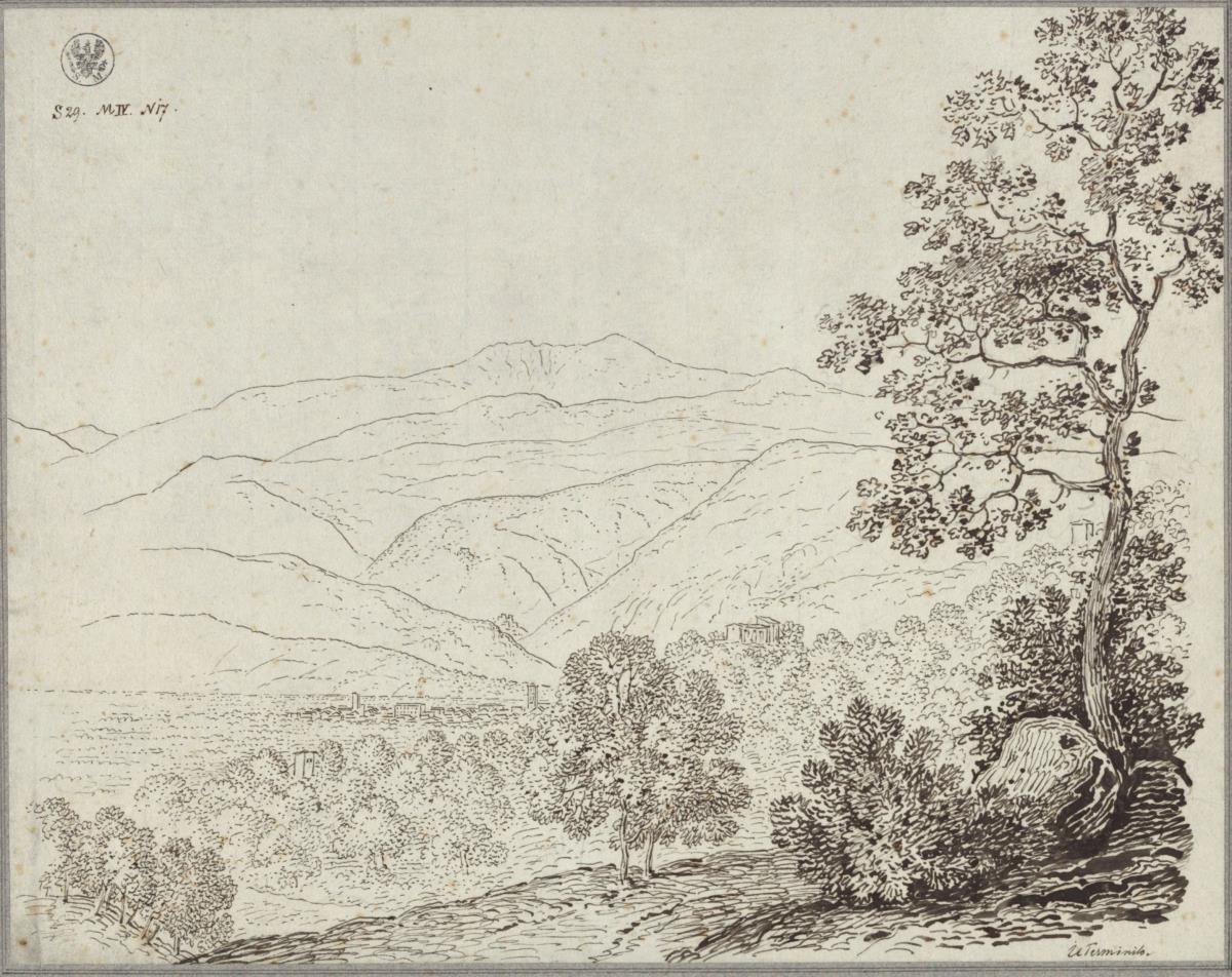 Blick auf die Monti Reatini mit dem Terminillo in den Abruzzen, in der Ferne Lugnano (Labico)
