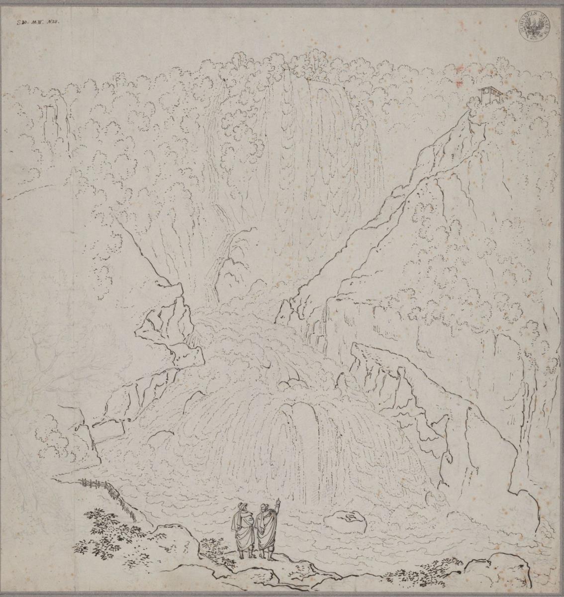 Ansicht des Wasserfalls von Terni, mit zwei Wanderern