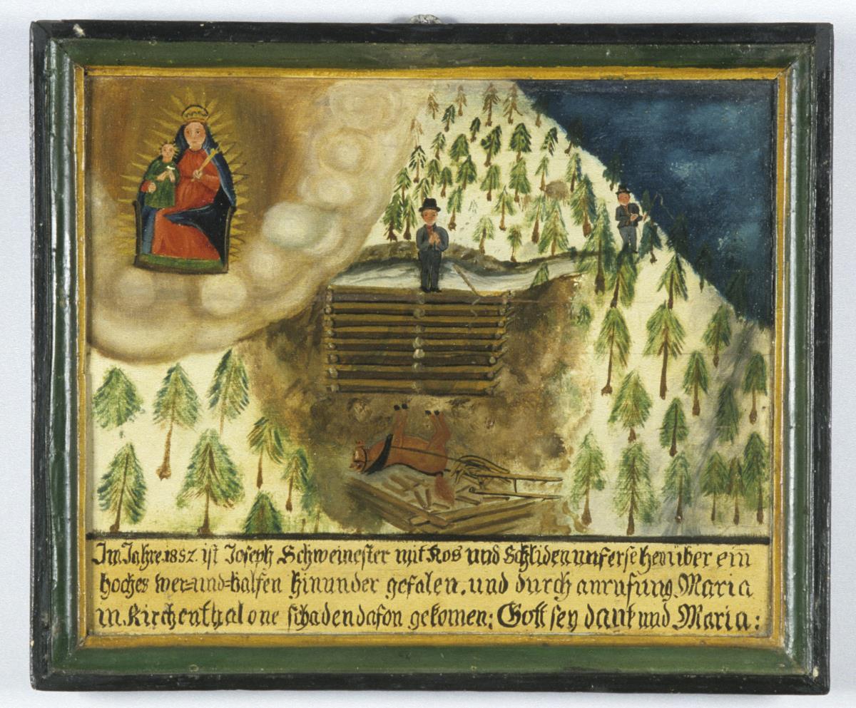 Im Jahre 1852 ist Joseph Schweinester mit Ros und Schliden unfersehen über ein hoches wer=und=balfen hinunder gefalen, und durch anrufung Maria in Kirchenthal one schaden dafon gekomen: Gott sey dank und Maria.