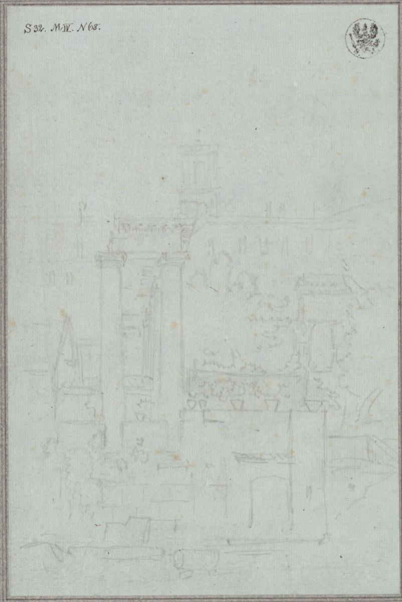 Das Forum Romanum. Blick nach Westen mit den Säulen des Saturn-Tempels und dem Turm des Senatorenpalastes im Hintergrund