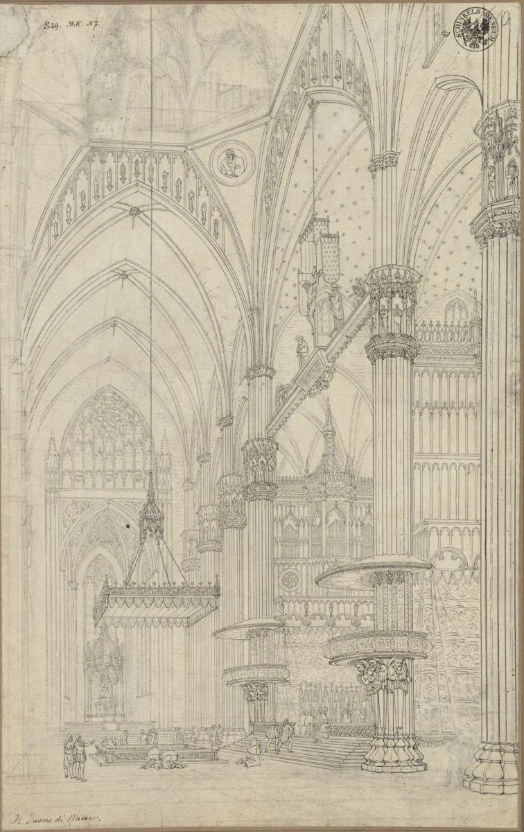 "Innere Ansicht des Querschiffs des Domes von Milano" / Blick in die Vierung und das nördliche Querschiff des Domes von Mailand