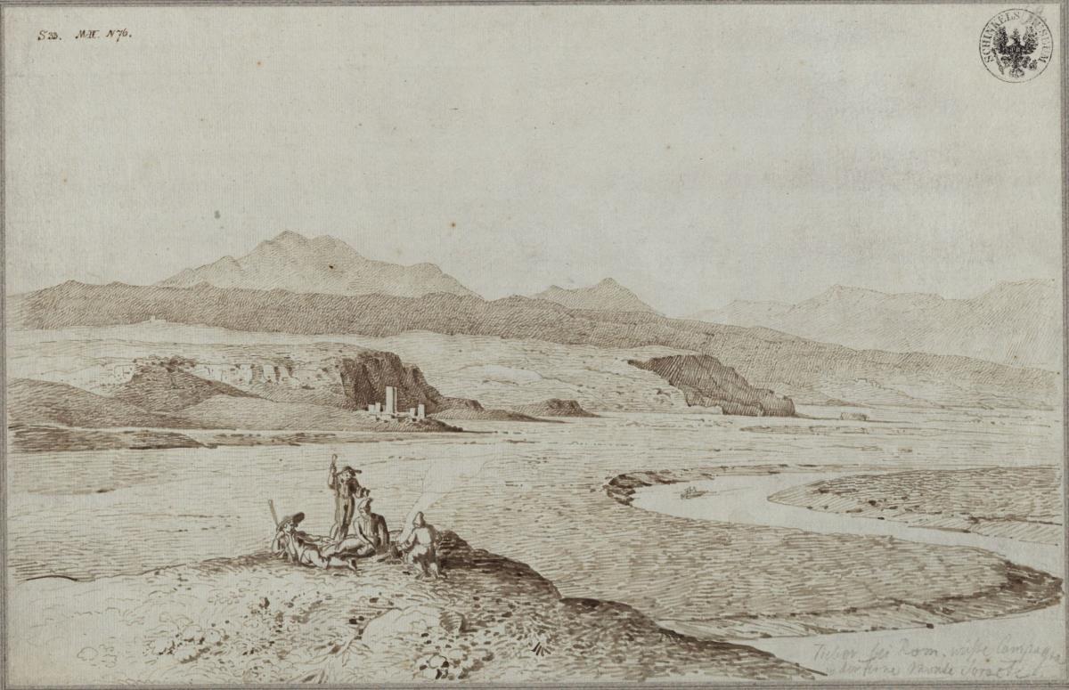 Campagnalandschaft mit dem Tiber und dem Monte Soratte im Hintergrund