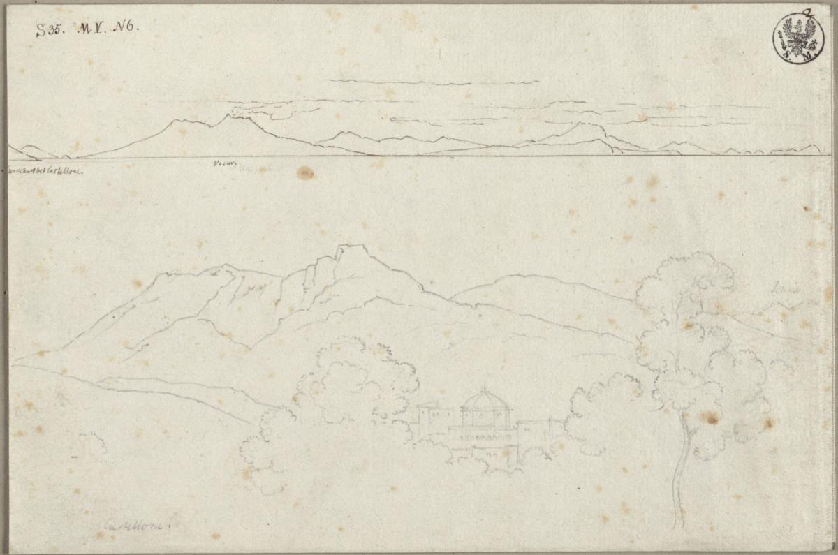 Blick über den Golf von Neapel bis Capri & Gegend bei Castellone mit einem nicht identifizierten achteckigen Kuppelbau