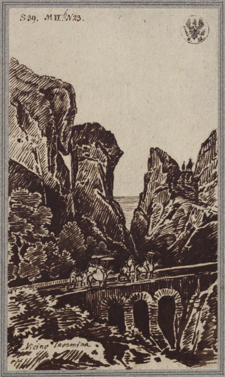 Bergschlucht mit Brücke bei Taormina