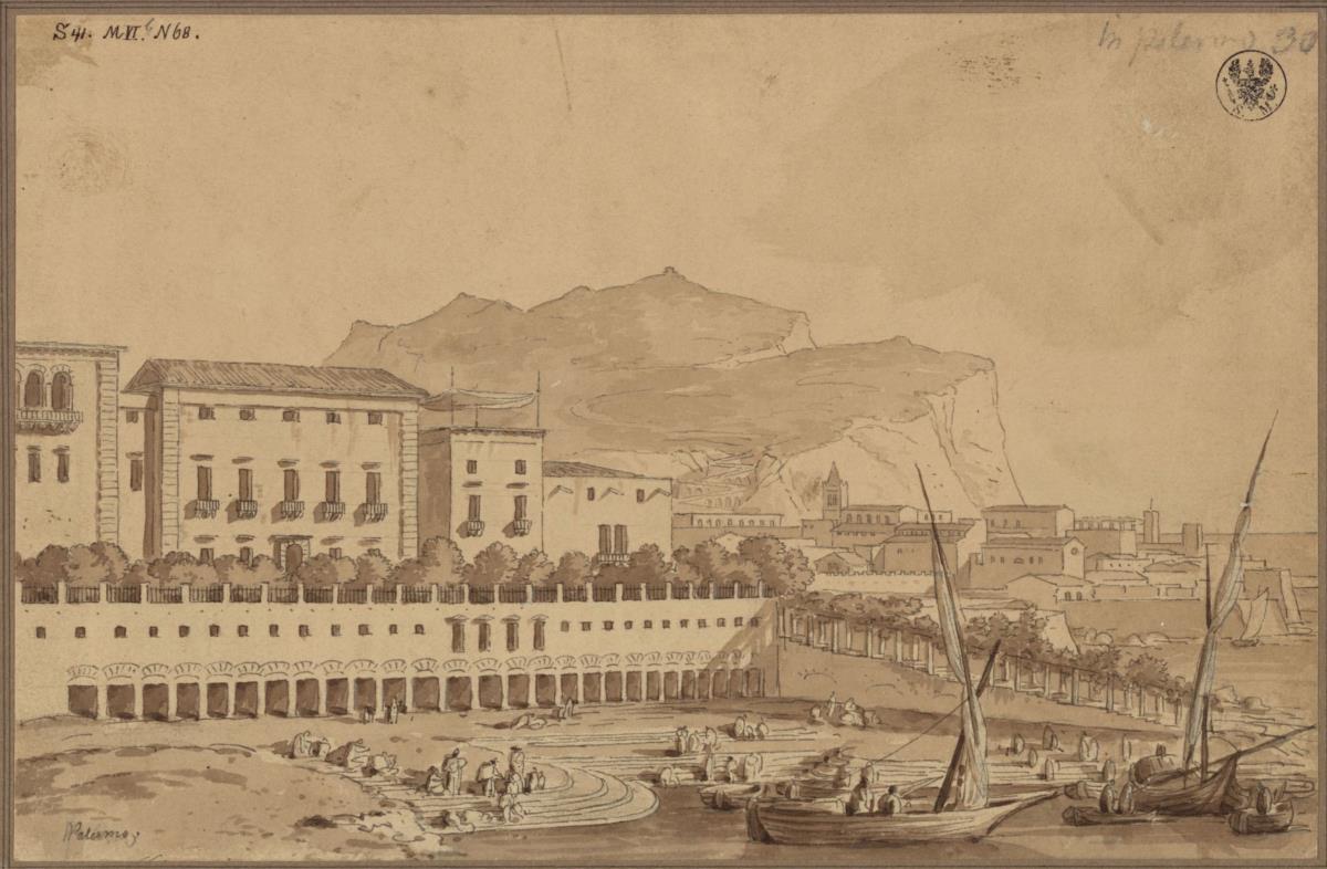 "Ansicht vom Altan meiner Wohnung in Palermo, der kleine Stadthafen, in der Ferne der Monte Pelegrino [Pellegrino]"