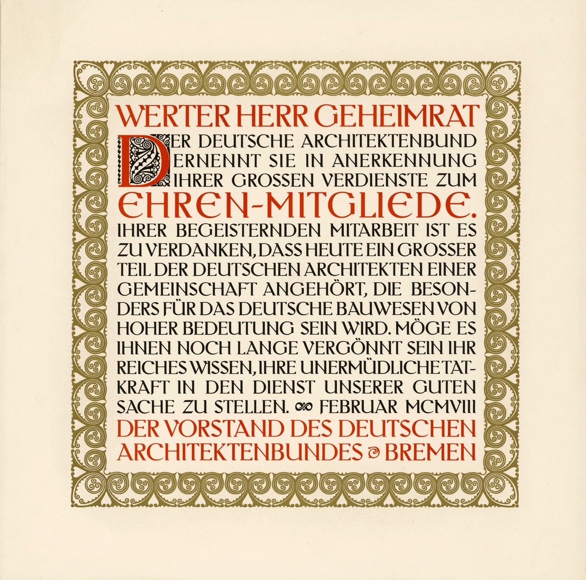 Ernennungsurkunde zum Ehrenmitgliede des deutschen Architektenbundes Bremen gesetzt in der Behrens-Antiqua