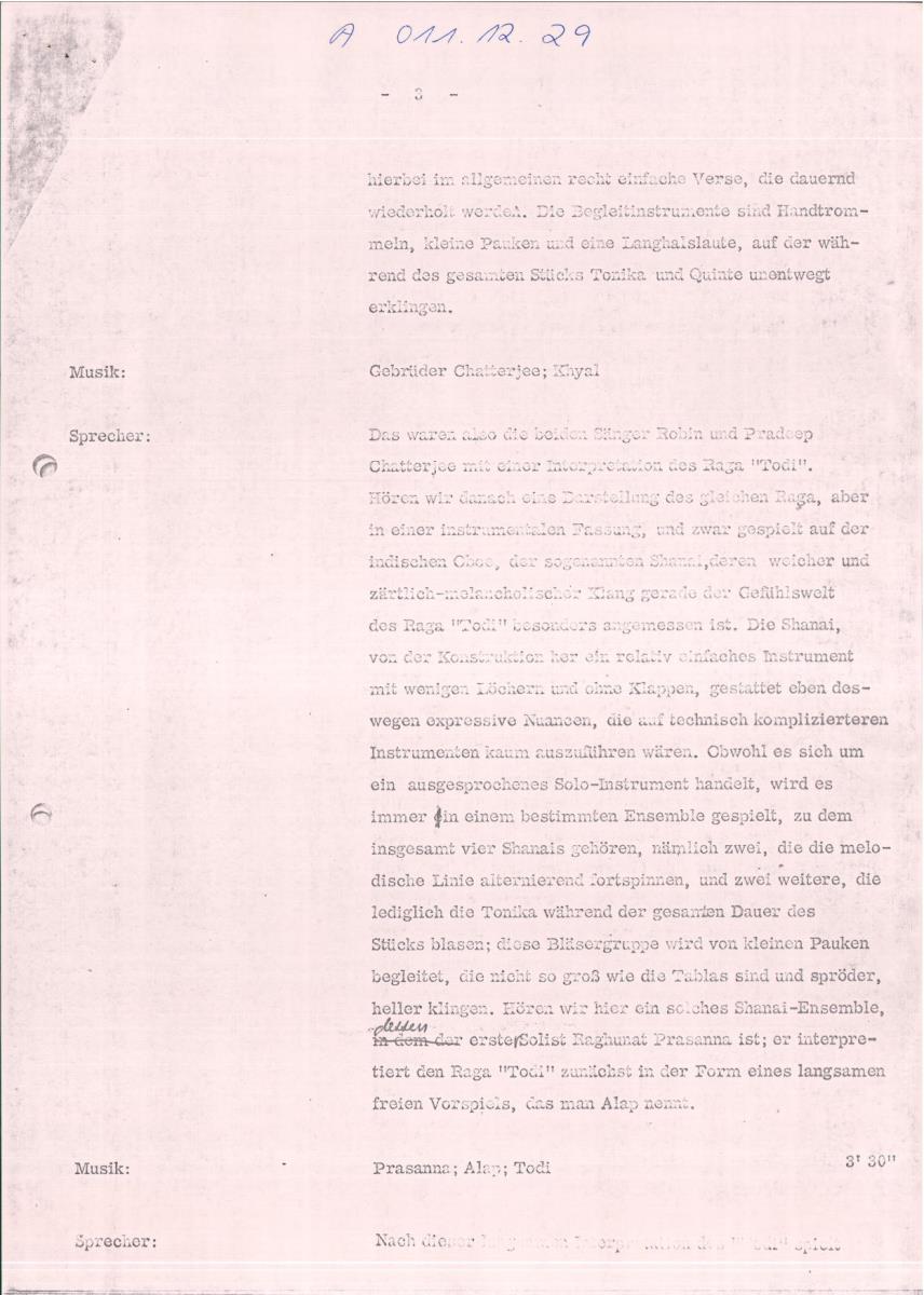 29. SFB-Sendung Raga Todi - Indien, in der Tradition Nordindiens, (Kommentar: Alain Daniélou)