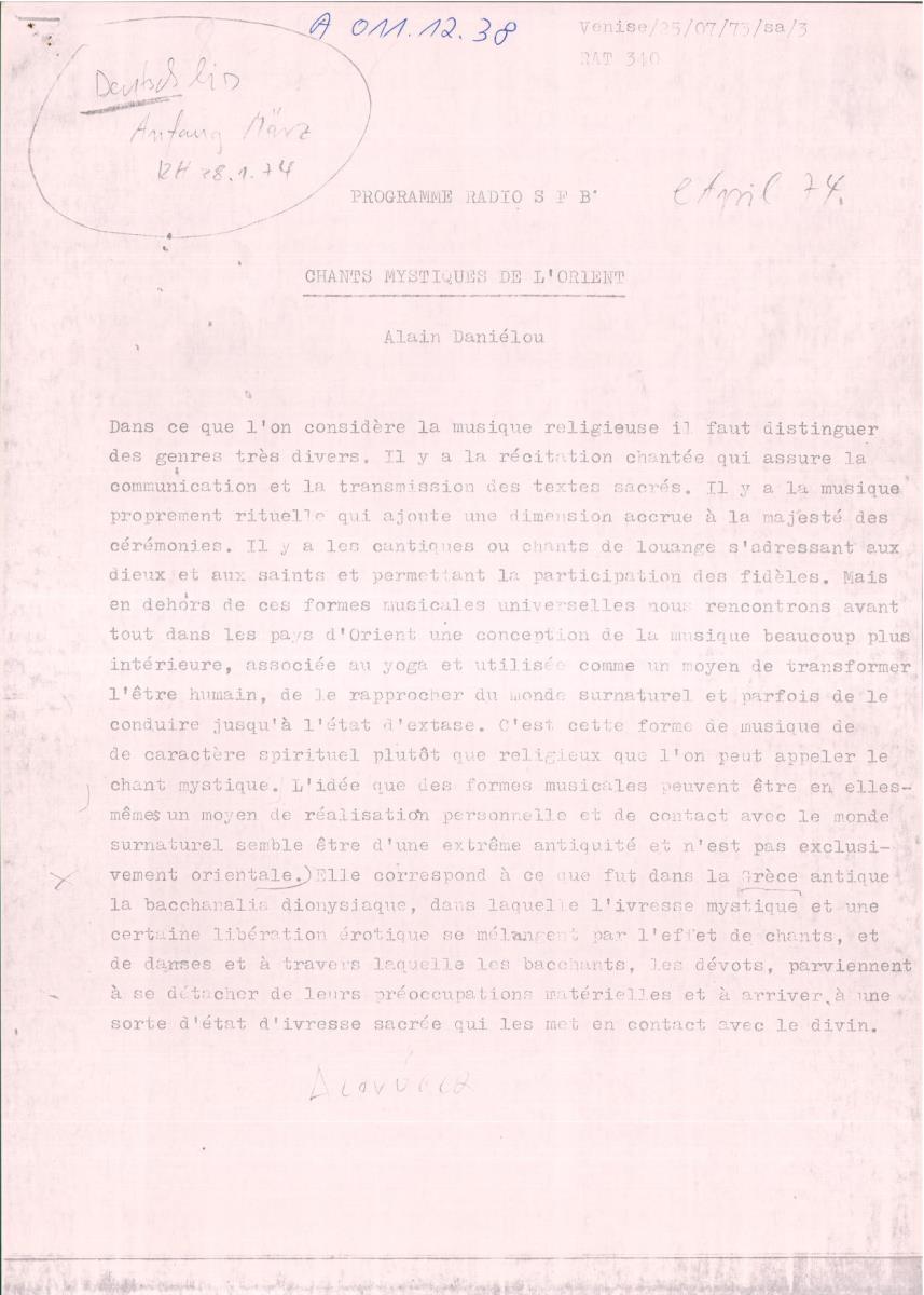 39. SFB-Sendung Mystische Gesänge des Orients; Chöre u. Solisten aus Tunesien, Syrien, Iran u. Indien, (Manuskript: Alain Daniélou)