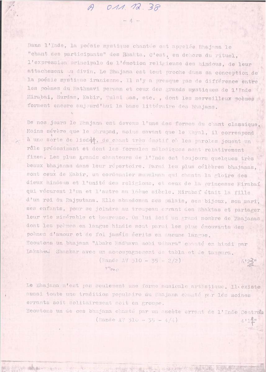 39. SFB-Sendung Mystische Gesänge des Orients; Chöre u. Solisten aus Tunesien, Syrien, Iran u. Indien, (Manuskript: Alain Daniélou)