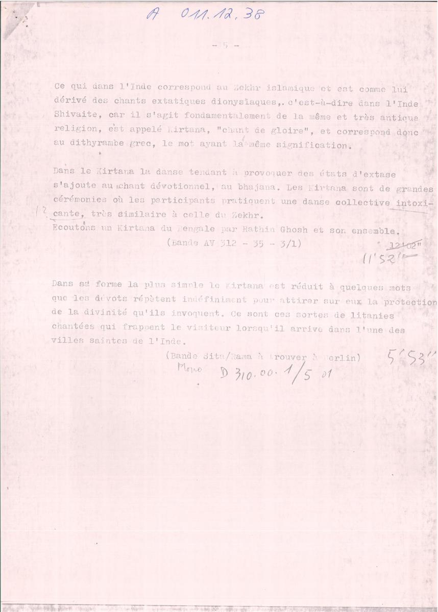 39. SFB-Sendung Mystische Gesänge des Orients; Chöre u. Solisten aus Tunesien, Syrien, Iran u. Indien, (Manuskript: Alain Daniélou)