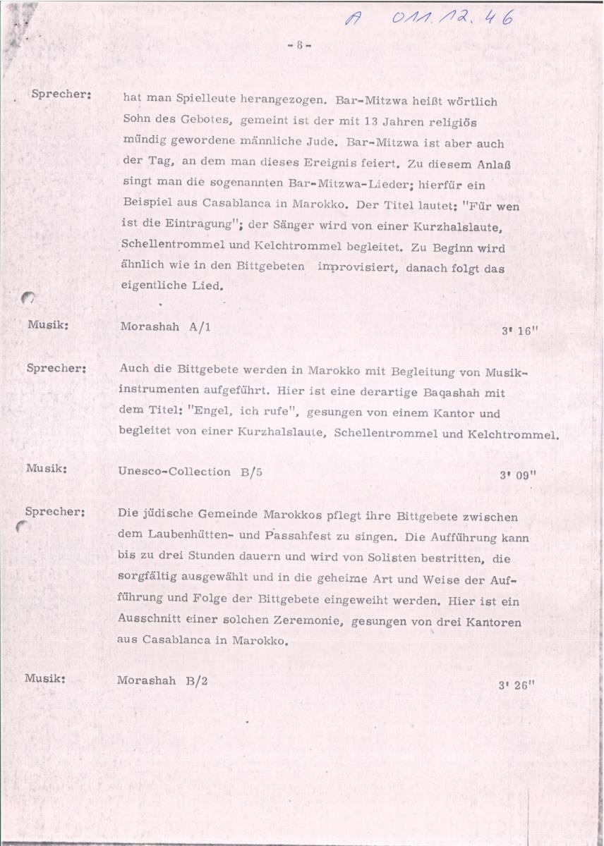 46. SFB-Sendung Musik des Orients, geistliche Vokalmusik in Synagogen des Orients, Israel, (Manuskript: Habib Hassan Touma)