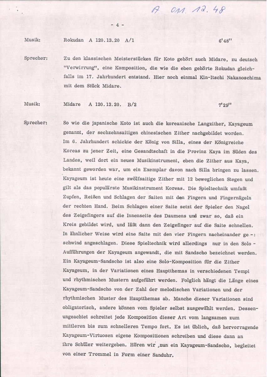 48. SFB-Sendung Fernöstliche Musik auf der Zither, (Manuskript: Habib Hassan Touma)