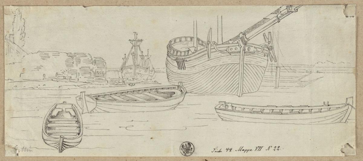 Segelschiffe vor Anker und drei Boote, wohl im Hafen von Stettin