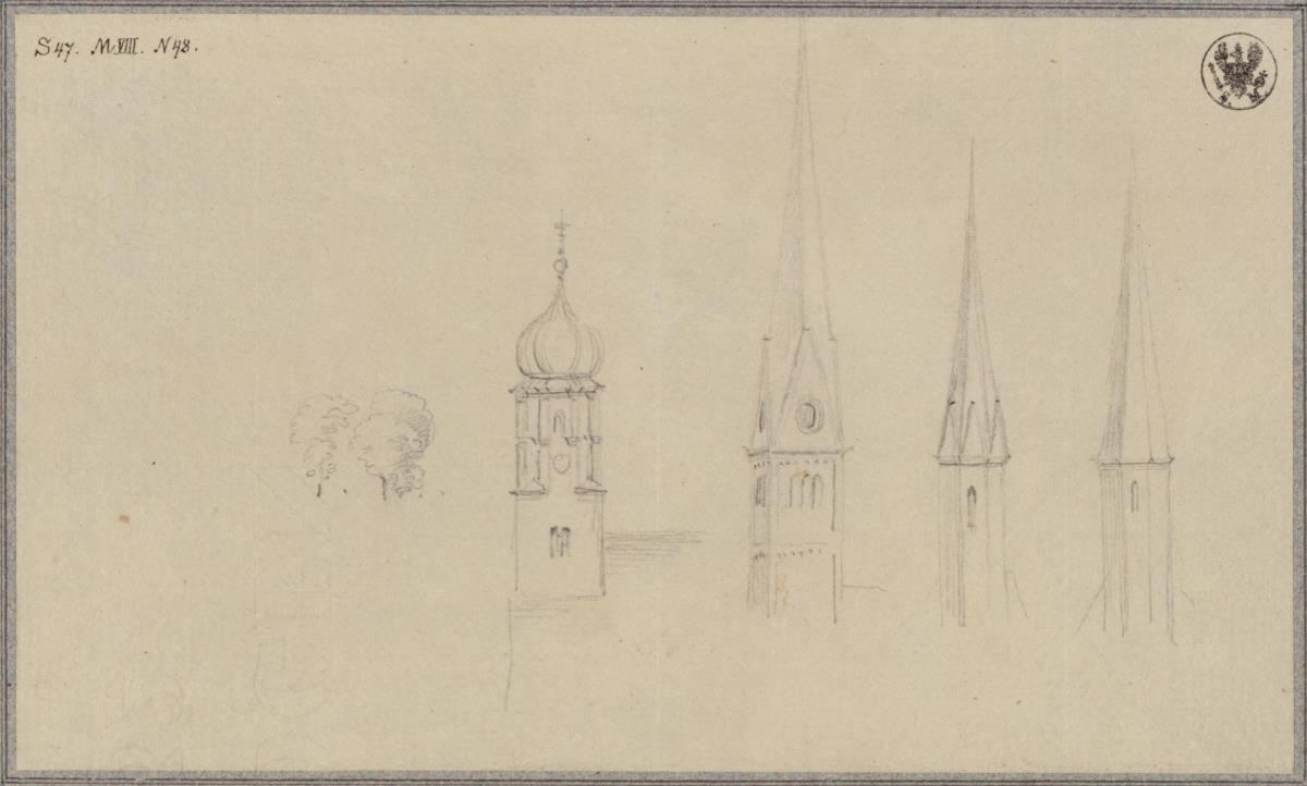 Vier Studien zu Turmhelmen & Eine Allee / Baumgruppe