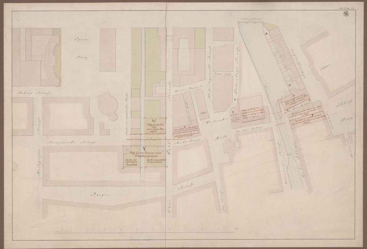 Berlin. Entwurf zum Neubau der Königlichen Bibliothek im Garten der Universität. Lageplan und Grundriss