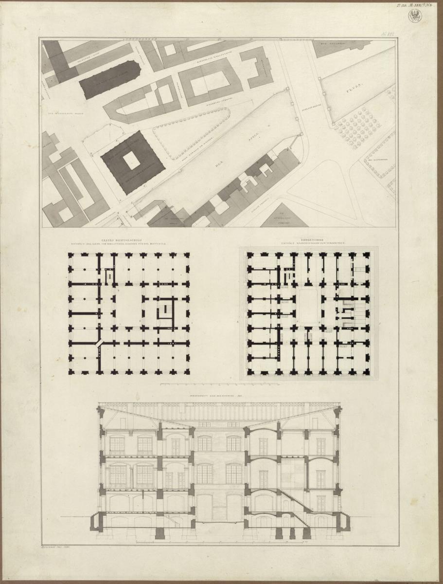 Berlin. Bauakademie. Lageplan, zwei Grundrisse und Querschnitt