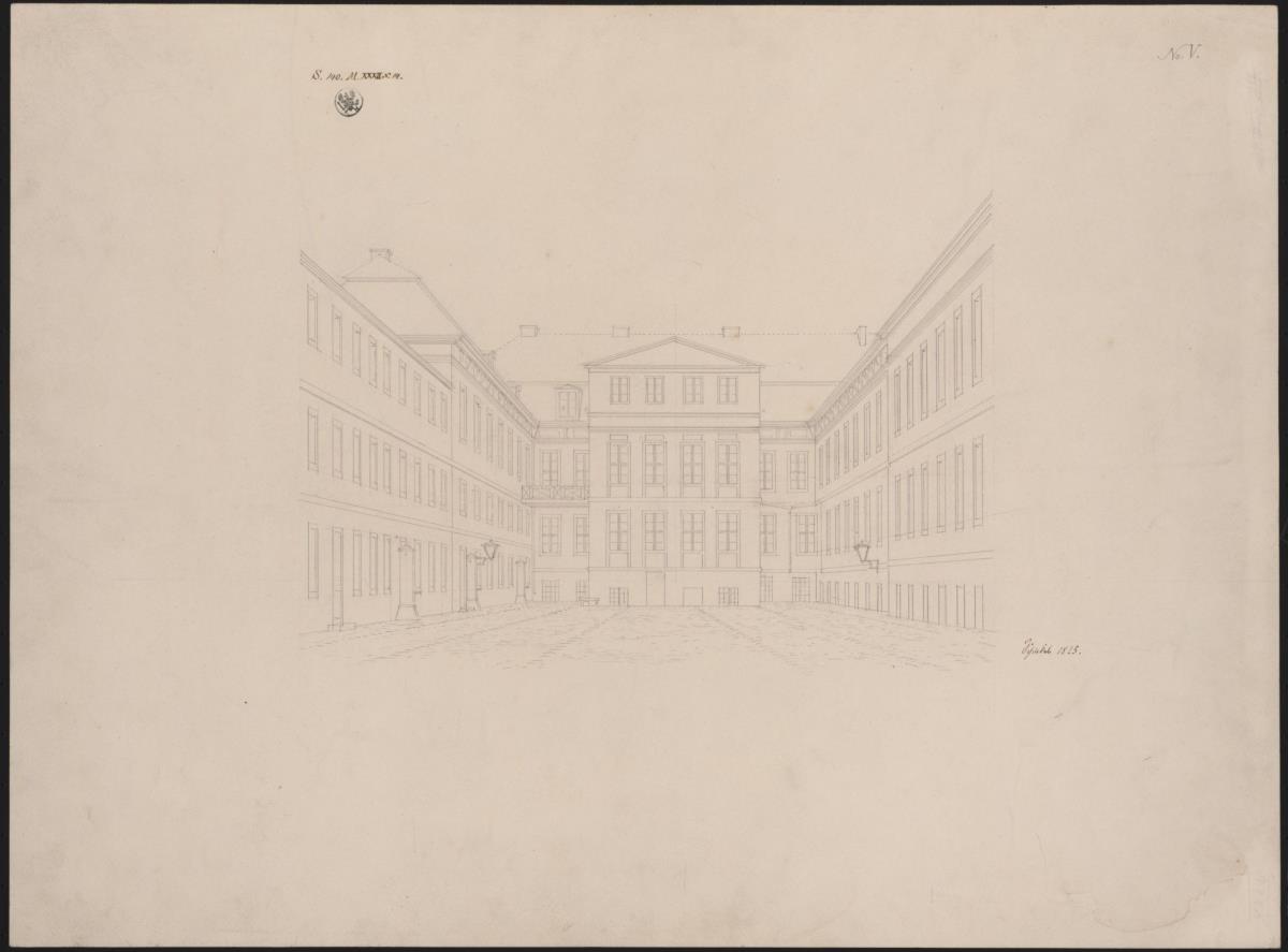 Berlin, Unter den Linden. Königliches Palais. Entwurf zum Aufbau zweier Zimmer über dem Treppenhaus. Hofansicht mit dem übergiebelten Aufbau