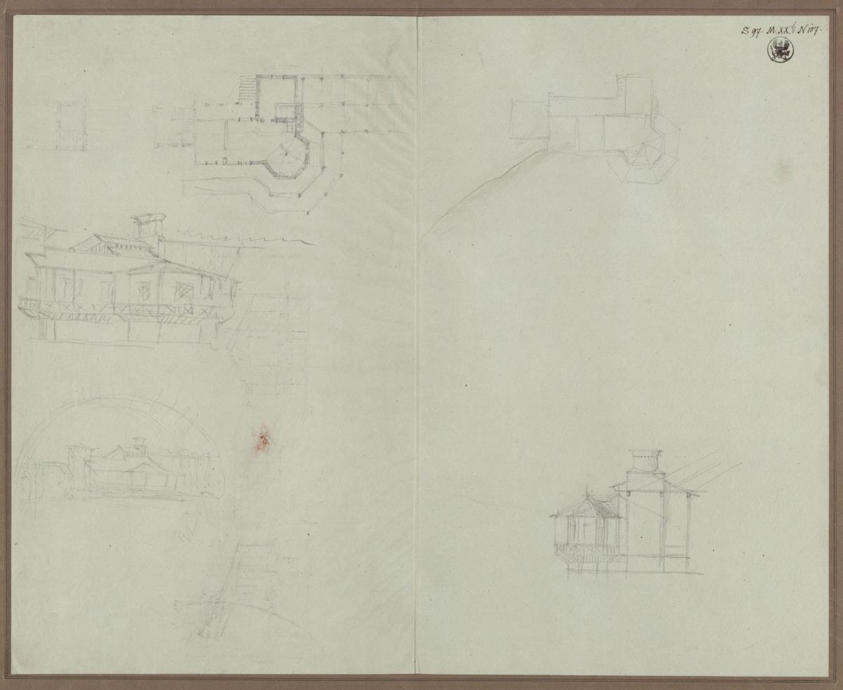 Potsdam Charlottenhof. Entwurf zum Maschinenmeisterhaus der Römischen Bäder. Ansichten, Grundrisse