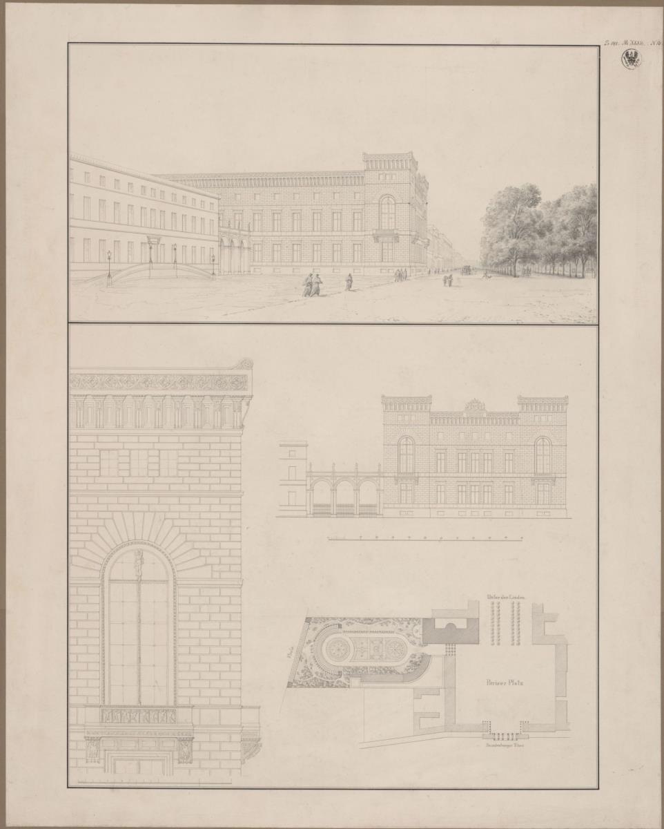 Berlin, Pariser Platz. Palais Prinz Wilhelm. Ansicht, Grundriss, Aufriss und Details
