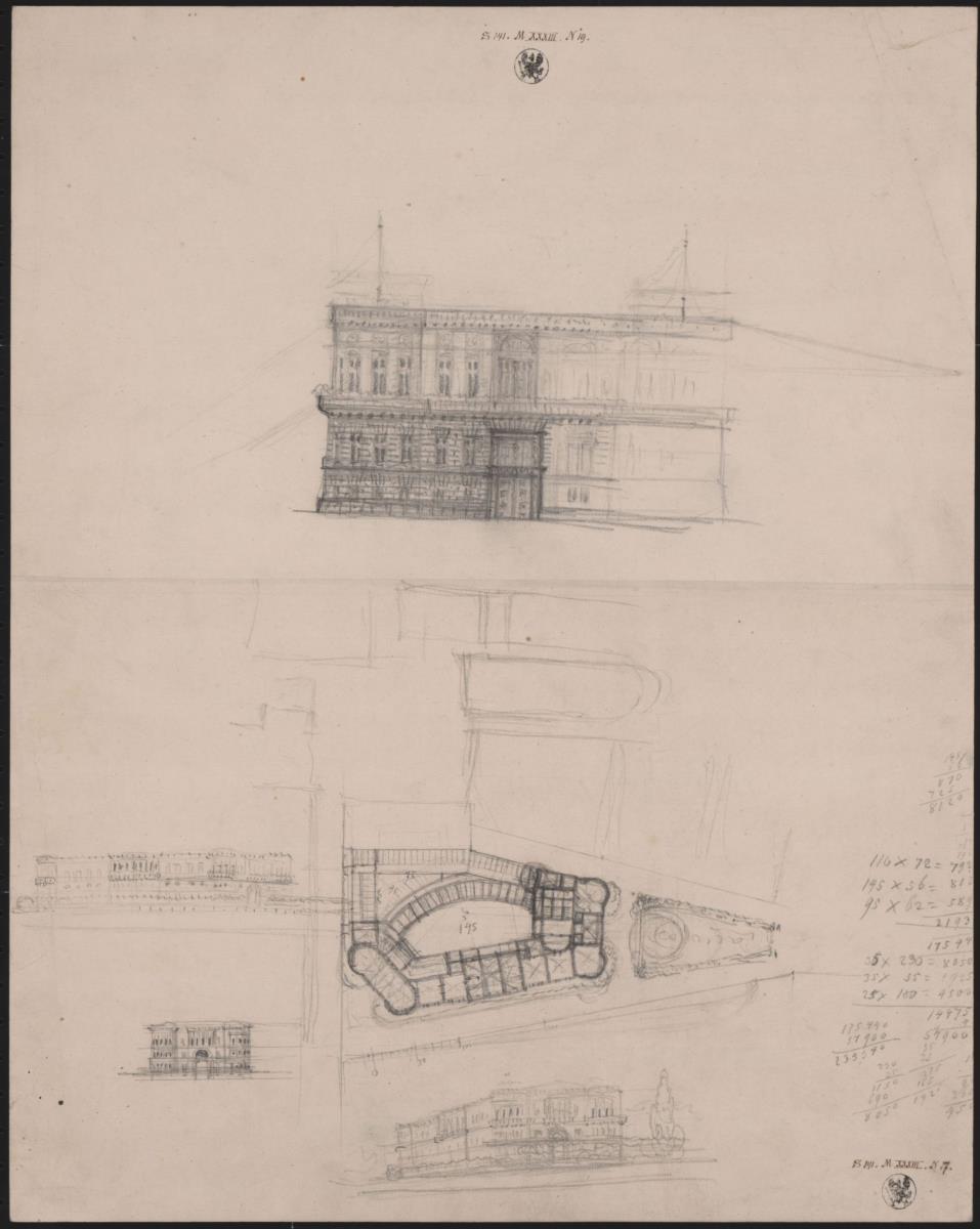 Berlin. Palais Prinz Wilhelm. Entwurf zum Neubau auf dem Gelände der späteren Bauakademie. Aufrisse, Grundriss, Ansicht und Details