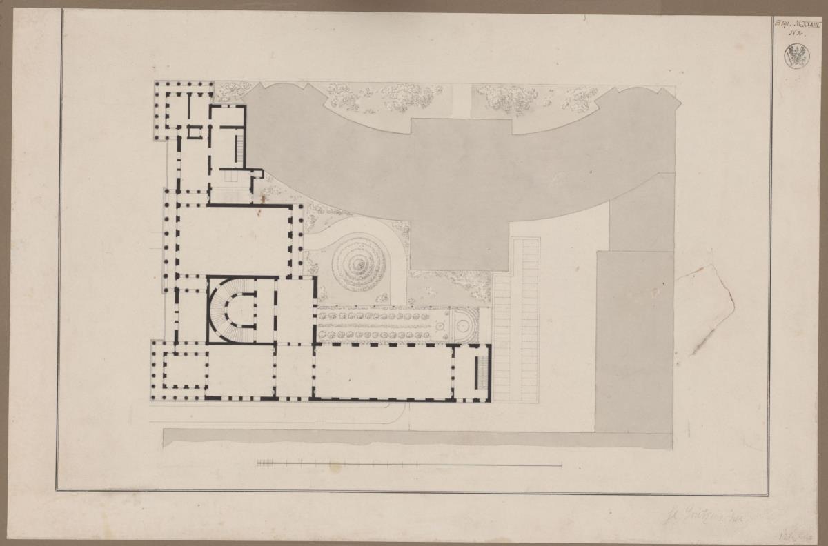 Berlin, Unter den Linden. Palais Prinz Wilhelm. Entwurf mit Ecktürmen. Grundriss mit Hofbibliothek am Opernplatz