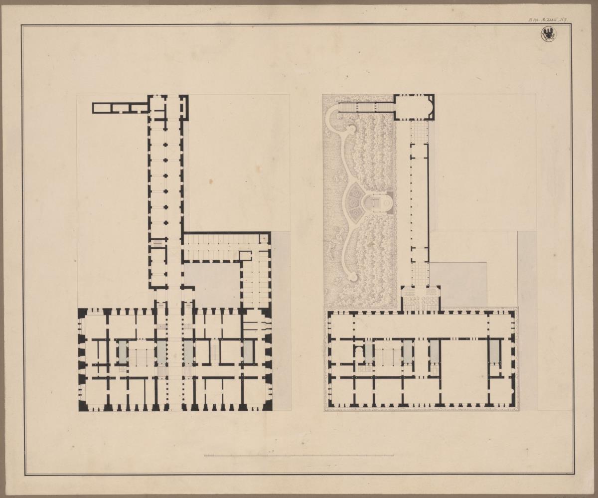Berlin, Unter den Linden. Palais Prinz Wilhelm. Entwurf mit seitlichem Terrassengarten. Grundrisse