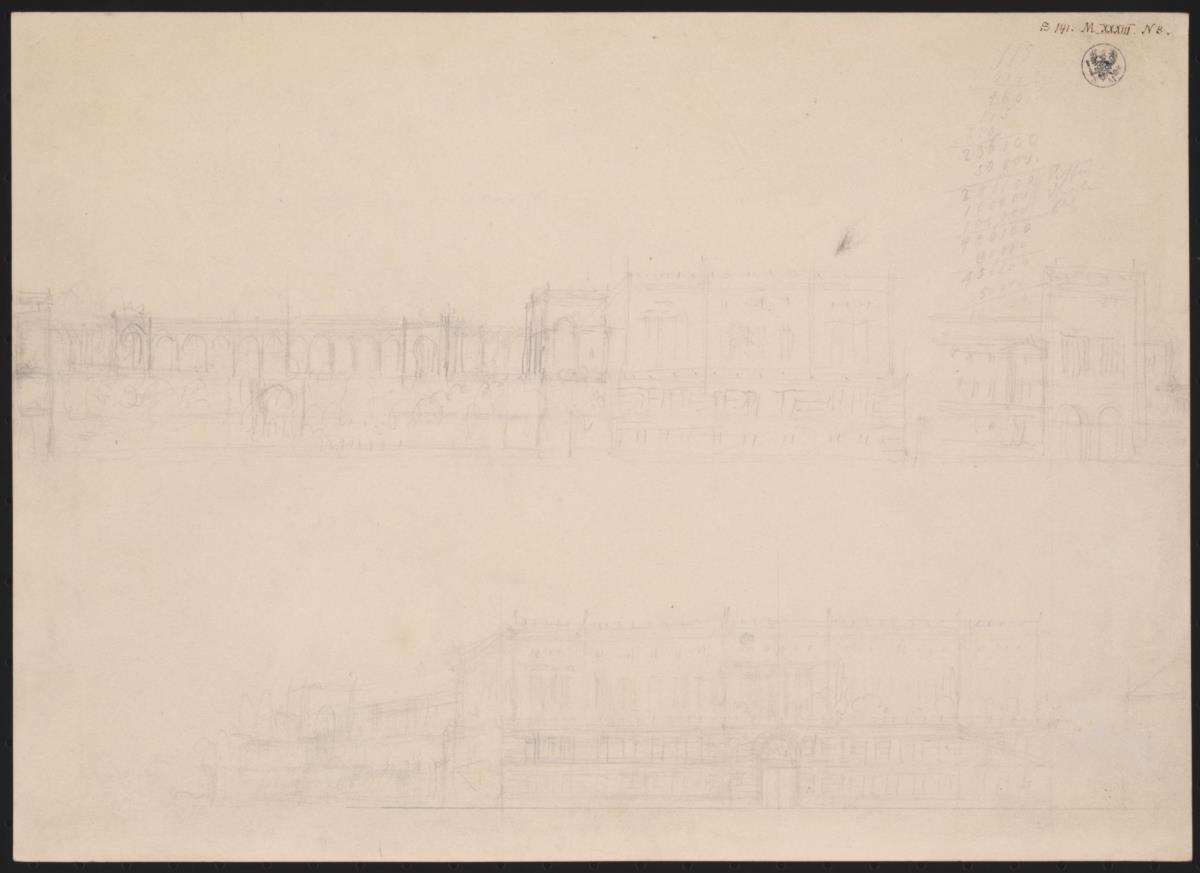 Berlin, Unter den Linden. Palais Prinz Wilhelm. Entwurf mit seitlichem Terrassengarten. Zwei Ansichtsskizzen