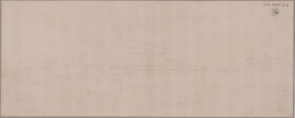Potsdam-Sanssouci. Römische Bäder bei Schloss Charlottenhof, Gärtnerhaus. Vorderansicht