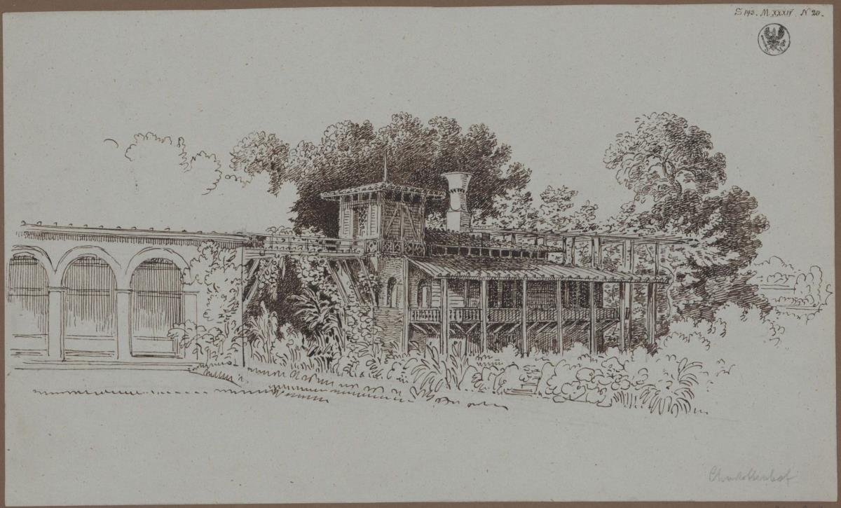 Potsdam-Sanssouci. Schloss Charlottenhof, Römische Bäder. Entwurf zum Maschinenmeisterhaus. Ansicht