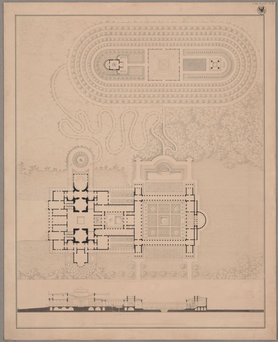 Potsdam-Sanssouci. Antikes Landhaus bei Schloss Charlottenhof. Grundriss der Anlage und Querschnitt