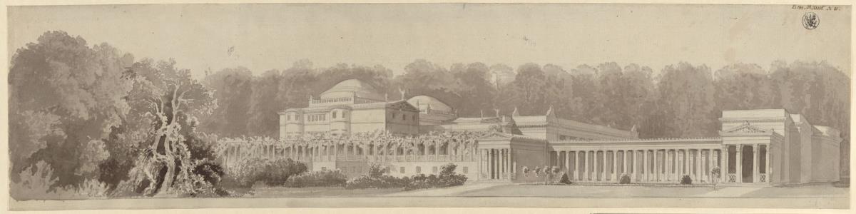 Potsdam-Sanssouci. Antikes Landhaus bei Schloss Charlottenhof. Perspektivische Ansicht von Nordosten